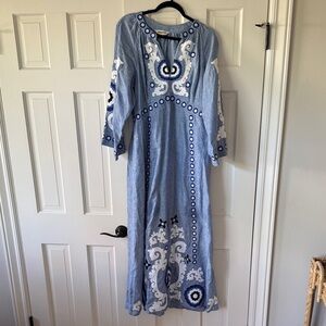 Boden Blue and White 3/4 Sleeve Linen Maxi Dress